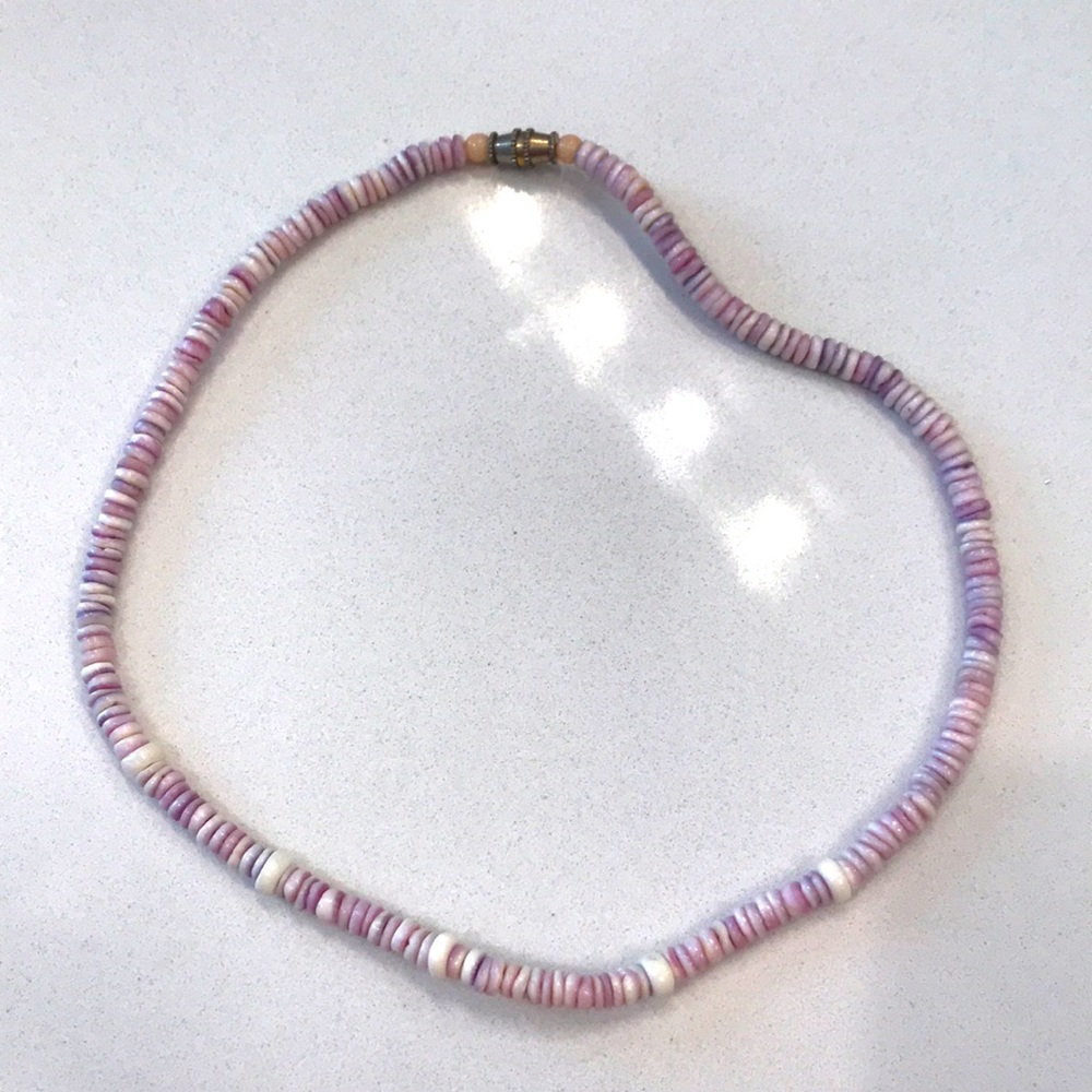 Purple and white shell necklace, 14.5”